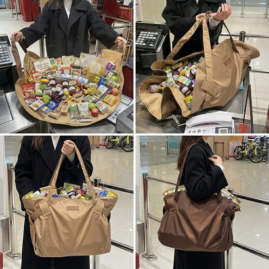 Flat&Go™ 2-in-1 Foldable Circular Shopping Bag & Picnic Mat — Large Ergonomic Tote for Groceries, Beach, Laundry & Travel Essentials